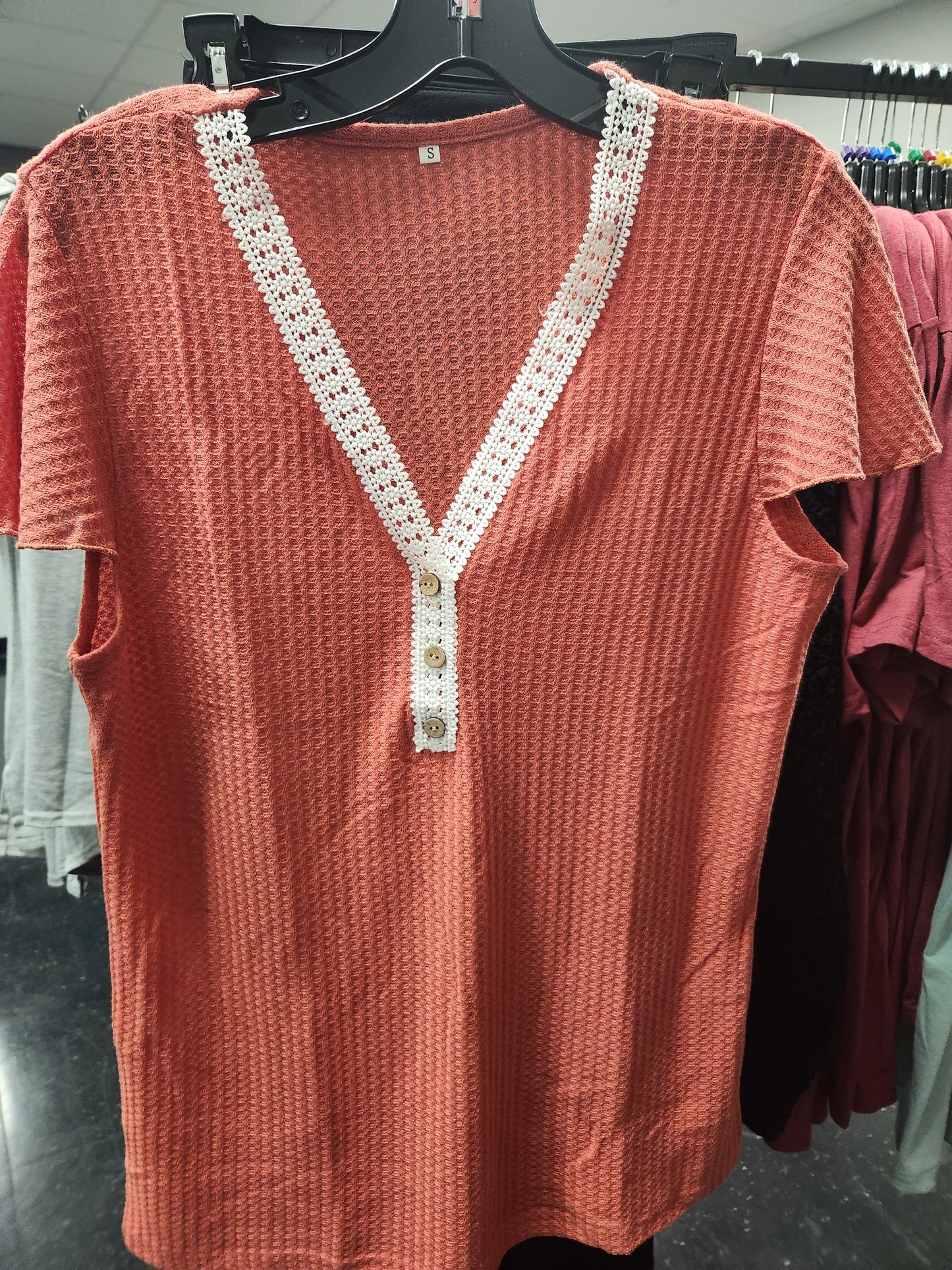 V Neck Lace Edge Buttoned Waffle Knit Top