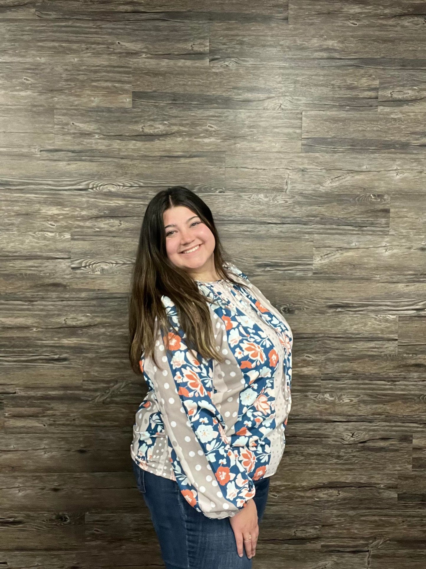 Multicolor Plus Size Mixed Print Split Neck Blouse