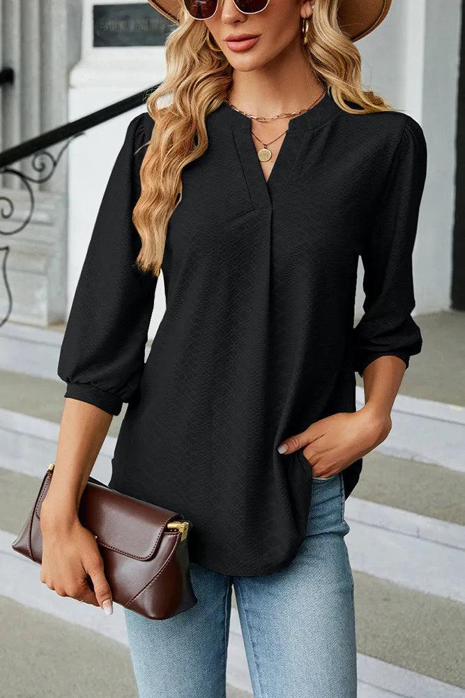 Plain V Neck Texture Puff Blouse
