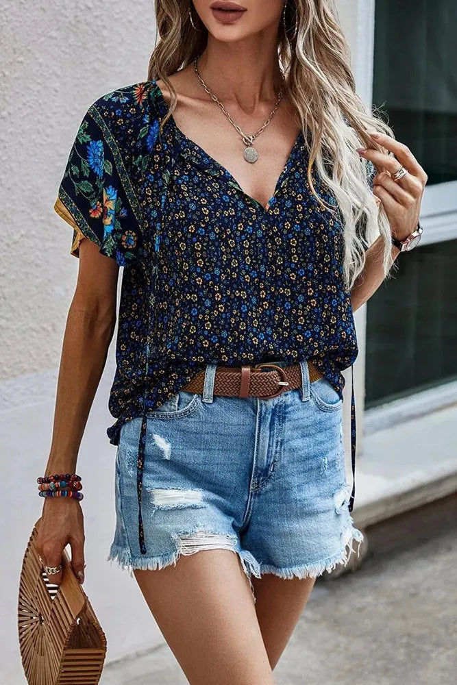 Boho Print Split V Neck Flare Sleeves Blouse