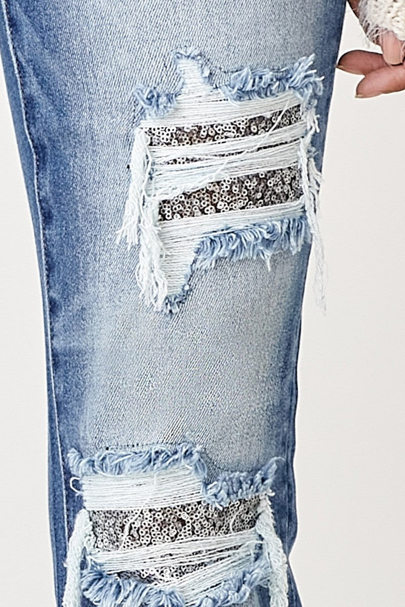 MIDRISE SEQUINS PATCHED STRAIGHT JEANS