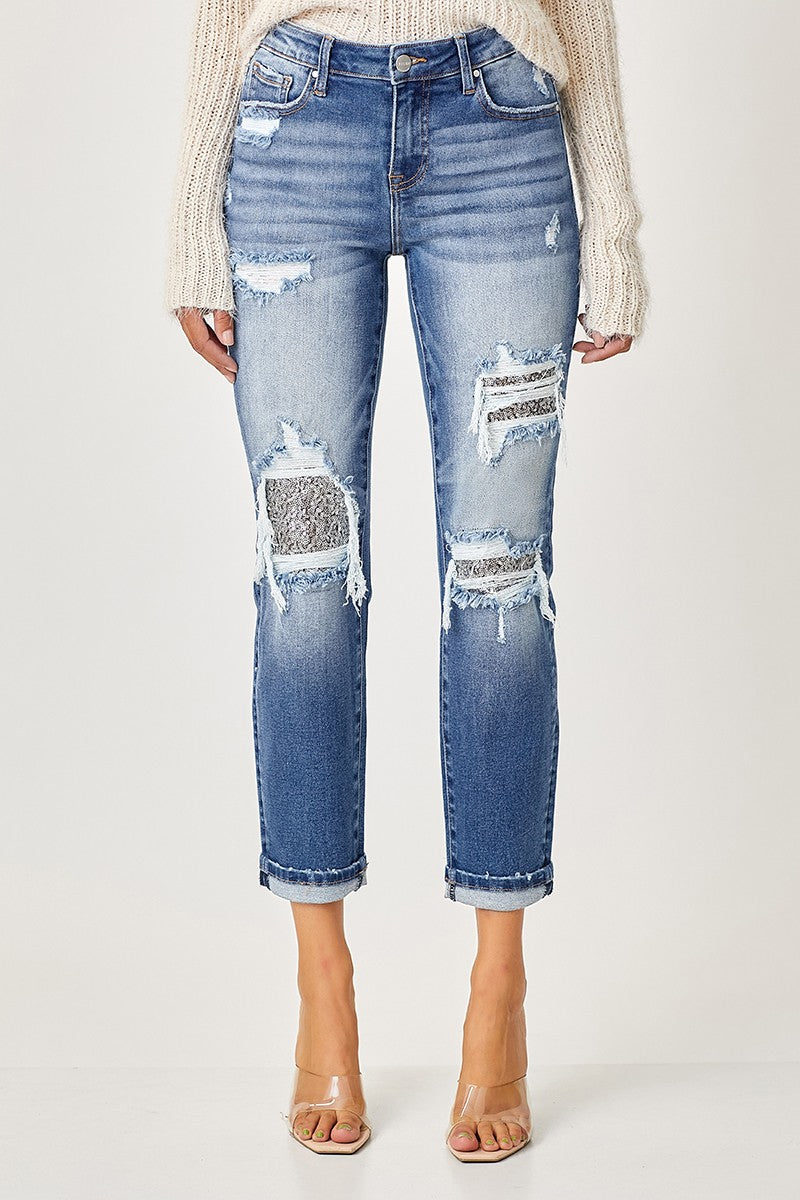 MIDRISE SEQUINS PATCHED STRAIGHT JEANS