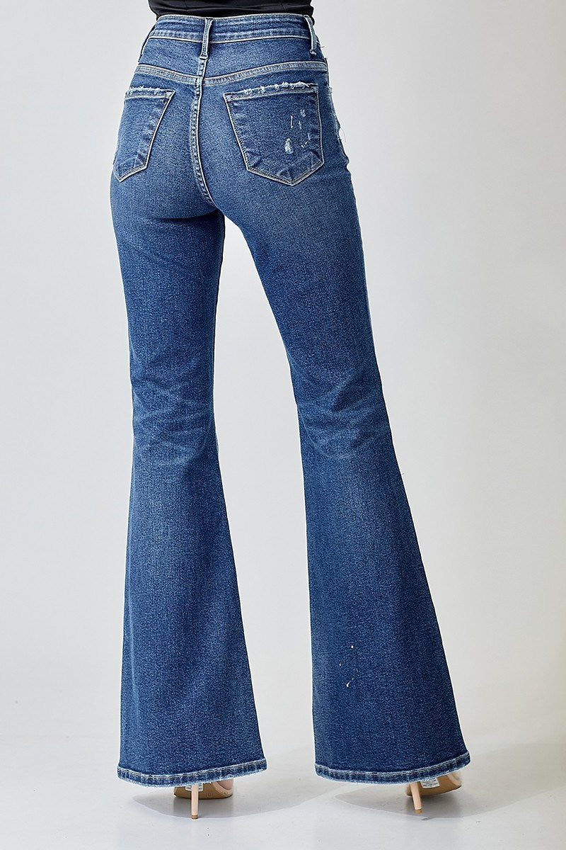 HIGH-RISE ZIG-ZAG STICHED DETAIL FLARE JEANS